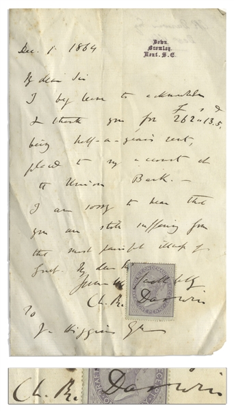 Charles Darwin Autograph Letter Signed From 1864 Shortly After ''On the Origin of Species'' -- ''...I am sorry to hear that you are still suffering from the most painful illness of gout...''